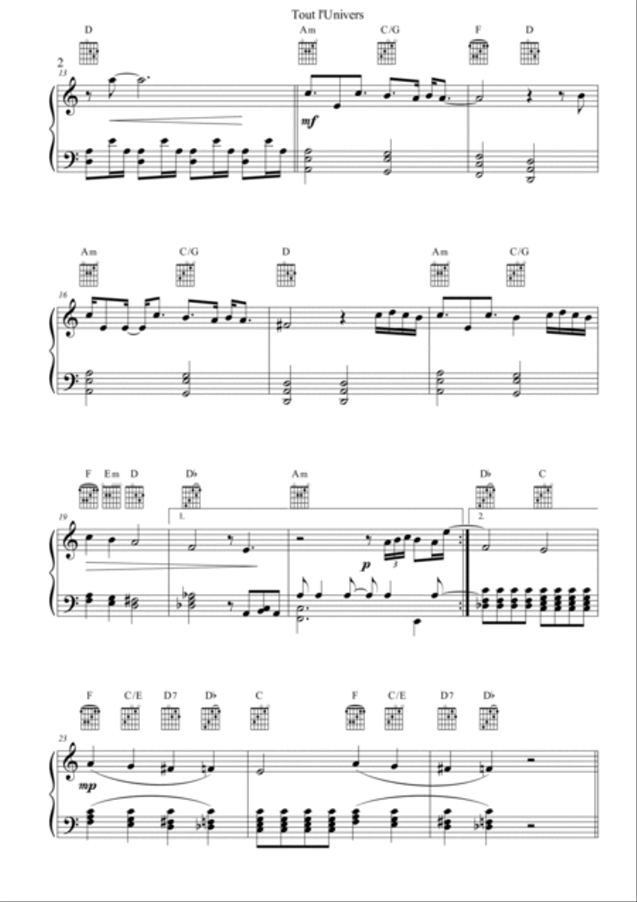 Tout L'univers Piano, Vocal, Guitar scores gallery preview page 2