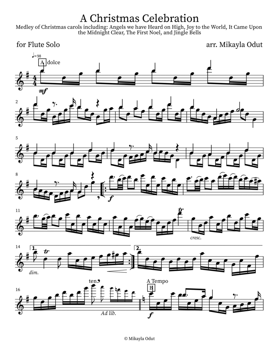 A Christmas Celebration, Medley of Christmas Carols. Flute Solo scores gallery preview page 1