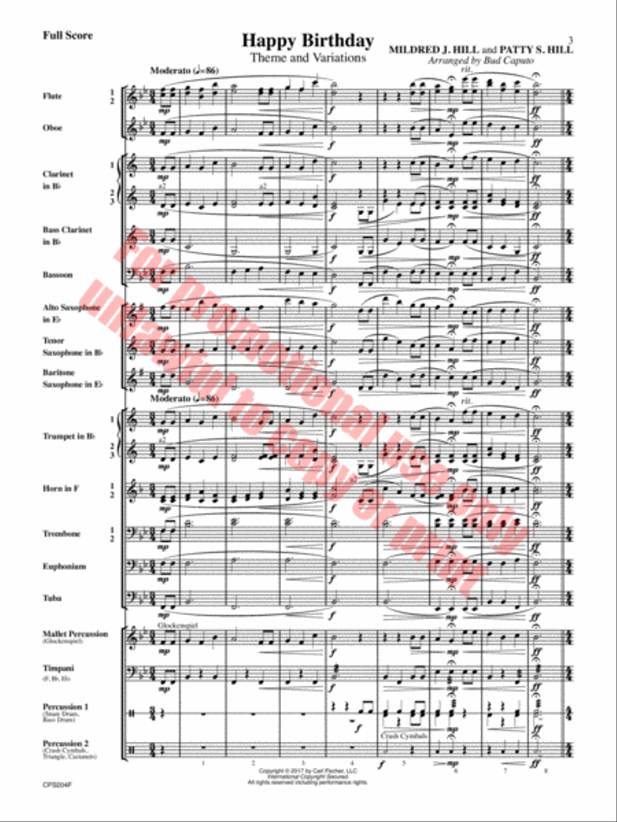 Happy Birthday Theme and Variations Concert Band scores gallery preview page 4