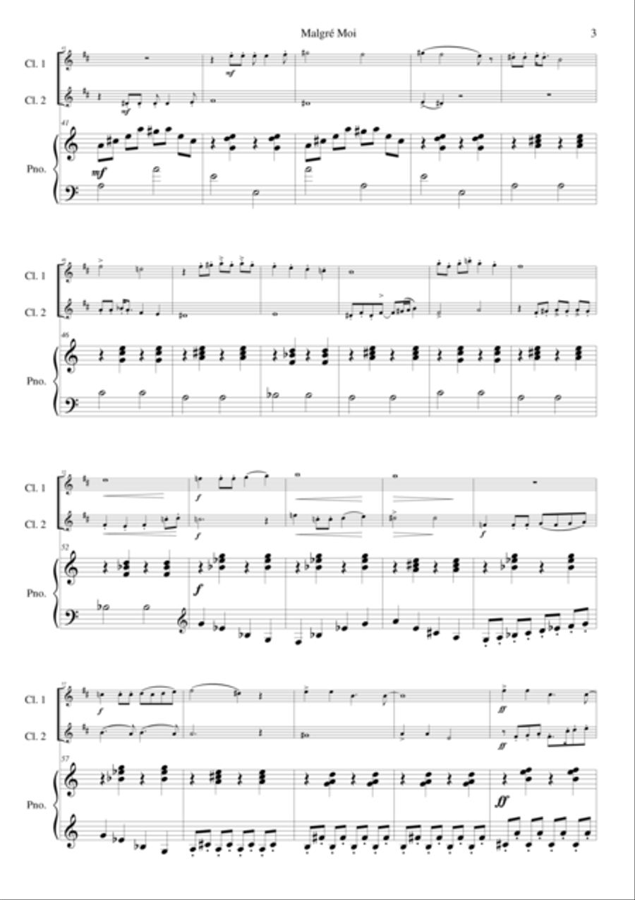 Malgré Moi (Despite myself) for 2 clarinets and piano Clarinet Duet scores gallery preview page 3