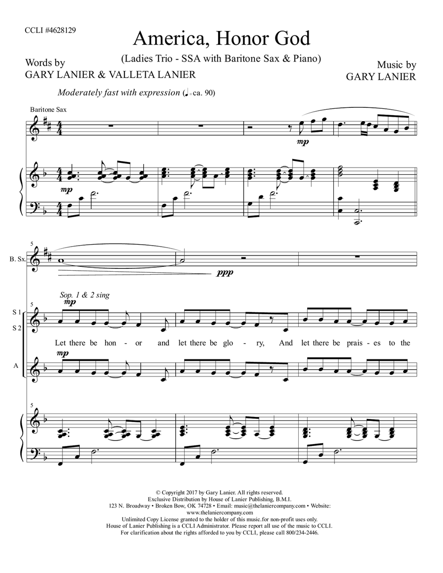 AMERICA, HONOR GOD (Ladies Trio - SSA with Baritone Sax & Piano) SSA scores gallery preview page 2