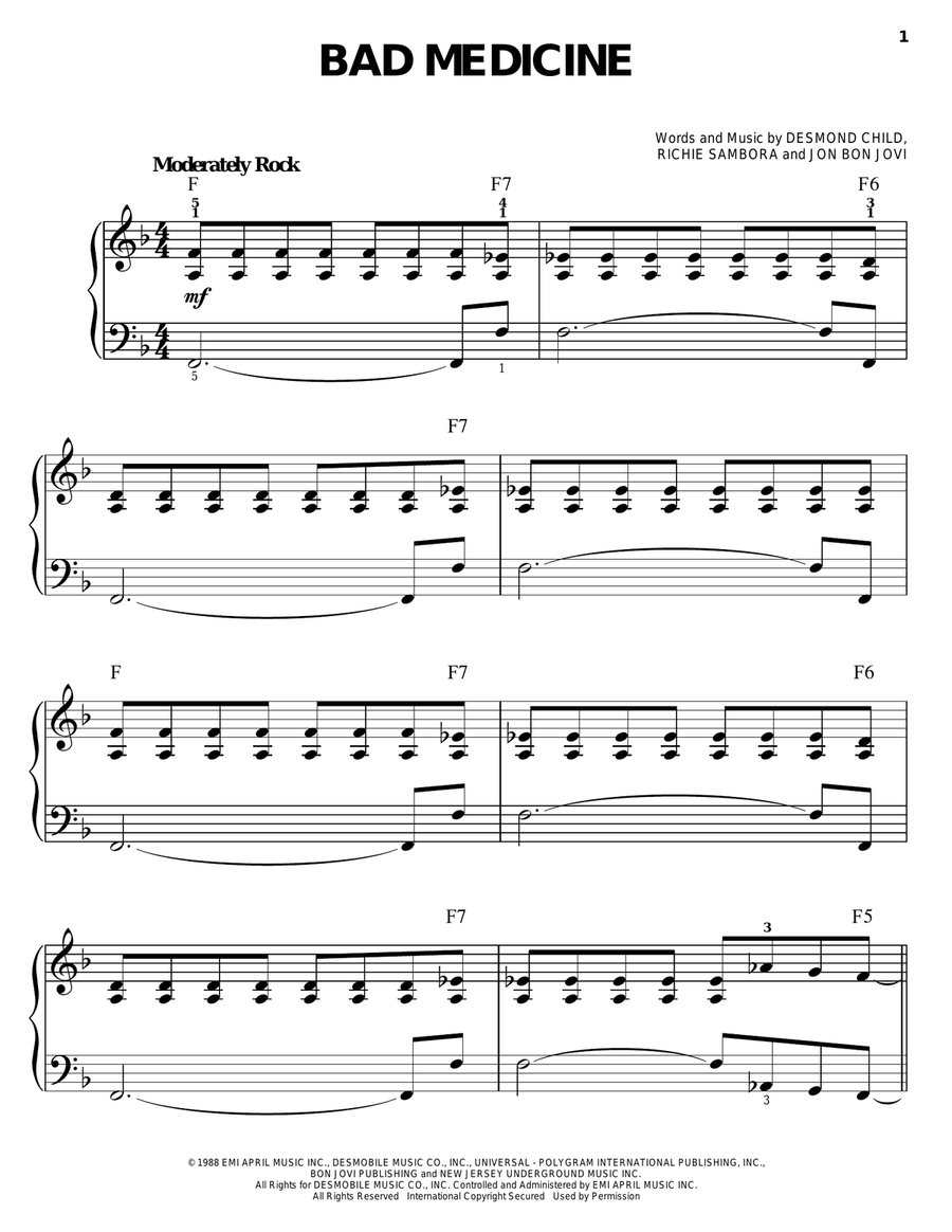 Bad Medicine Easy Piano scores gallery preview page 1