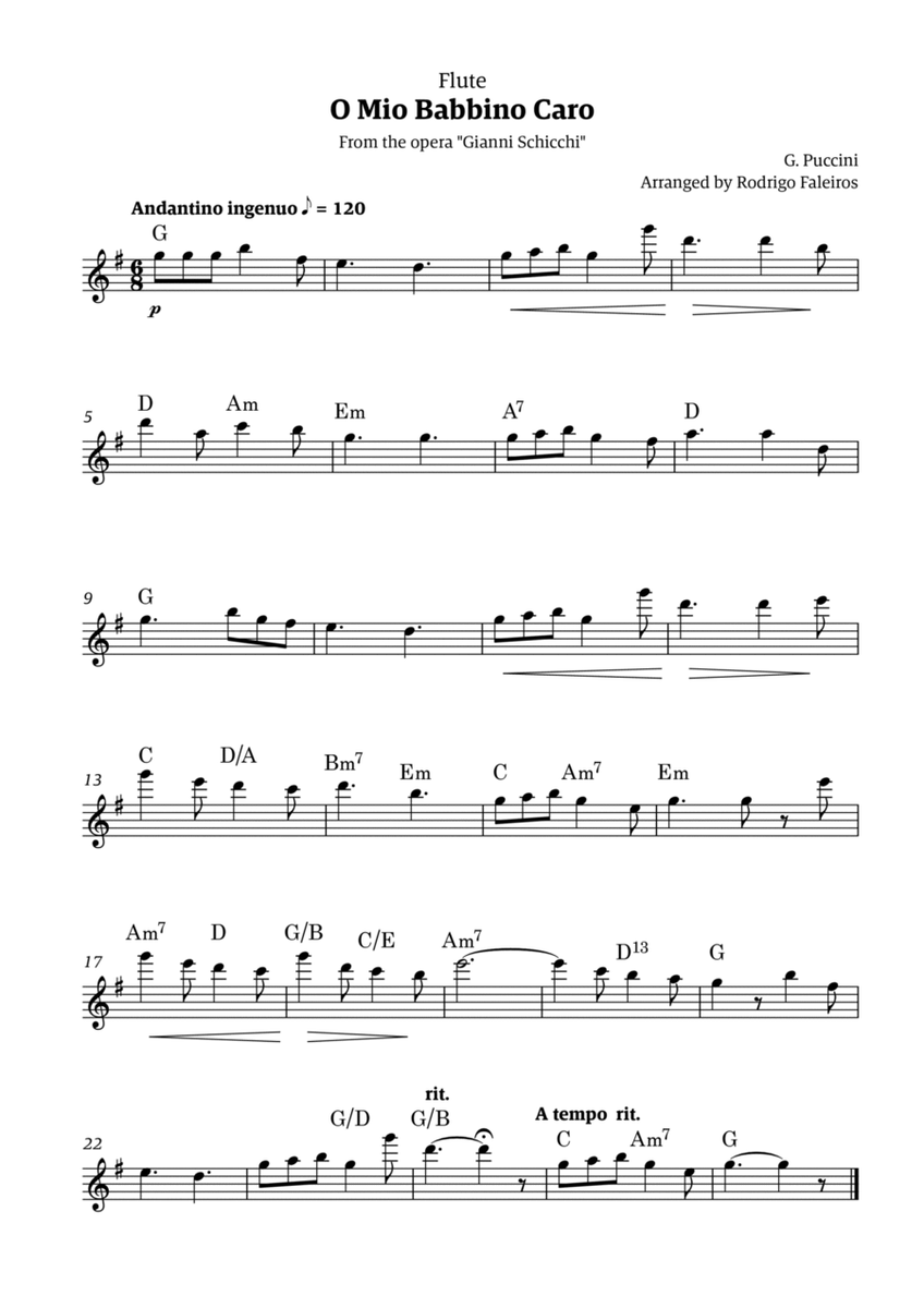 O Mio Babbino Caro - for flute solo (with chords) image number null