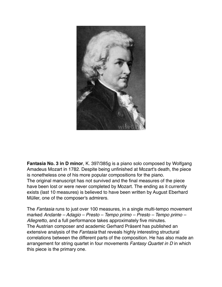 FANTASIA No. 3 in D minor K.397 by WOLFGANG AMADEUS MOZART. PIANO SOLO Piano Solo scores gallery preview page 3