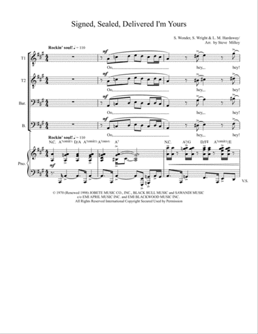 Signed, Sealed, Delivered I'm Yours TTBB scores gallery preview page 1