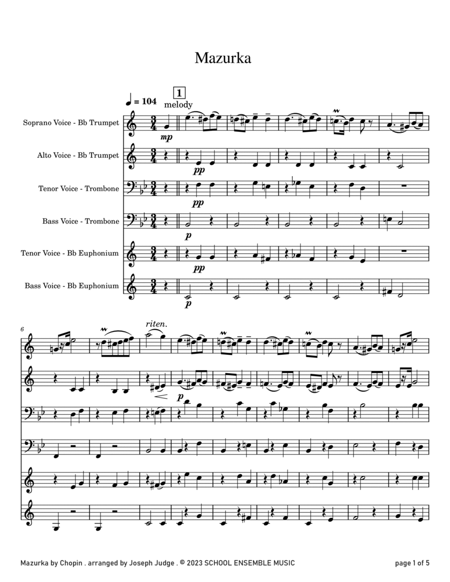 Mazurka by Chopin for Brass Quartet in Schools Brass Quartet scores gallery preview page 1