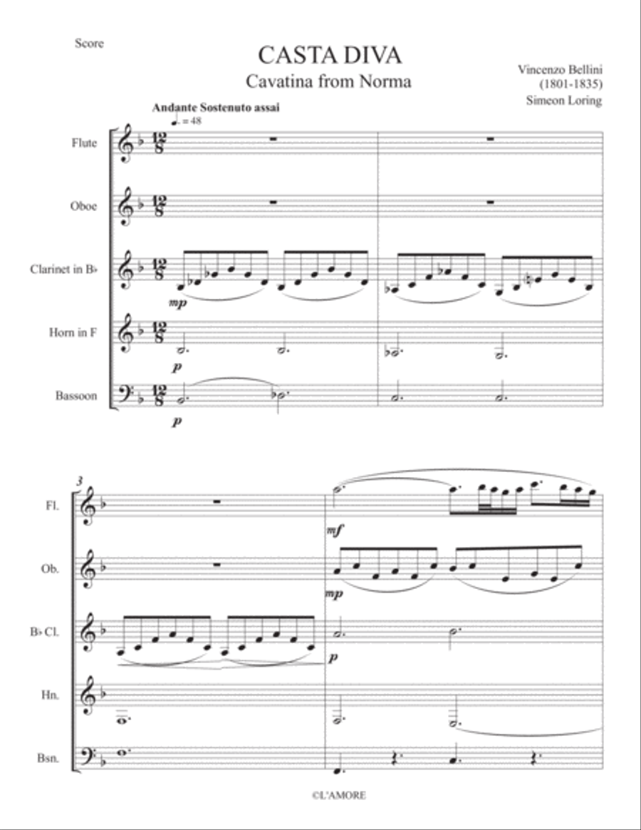 Casta Diva from Norma by Vincenzo Bellini Woodwind Quintet scores gallery preview page 1