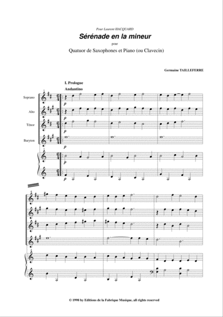 Germaine Tailleferre: Sérénade en La Mineur for SATB saxophone quartet and piano or harpsichord Woodwind Quartet scores gallery preview page 2