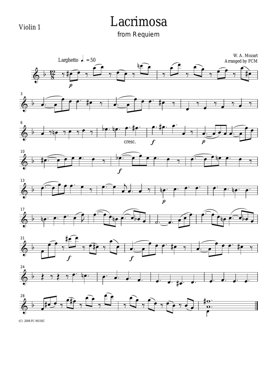 Mozart Lacrimosa from Requiem, for string quartet, CM015 String Quartet scores gallery preview page 1