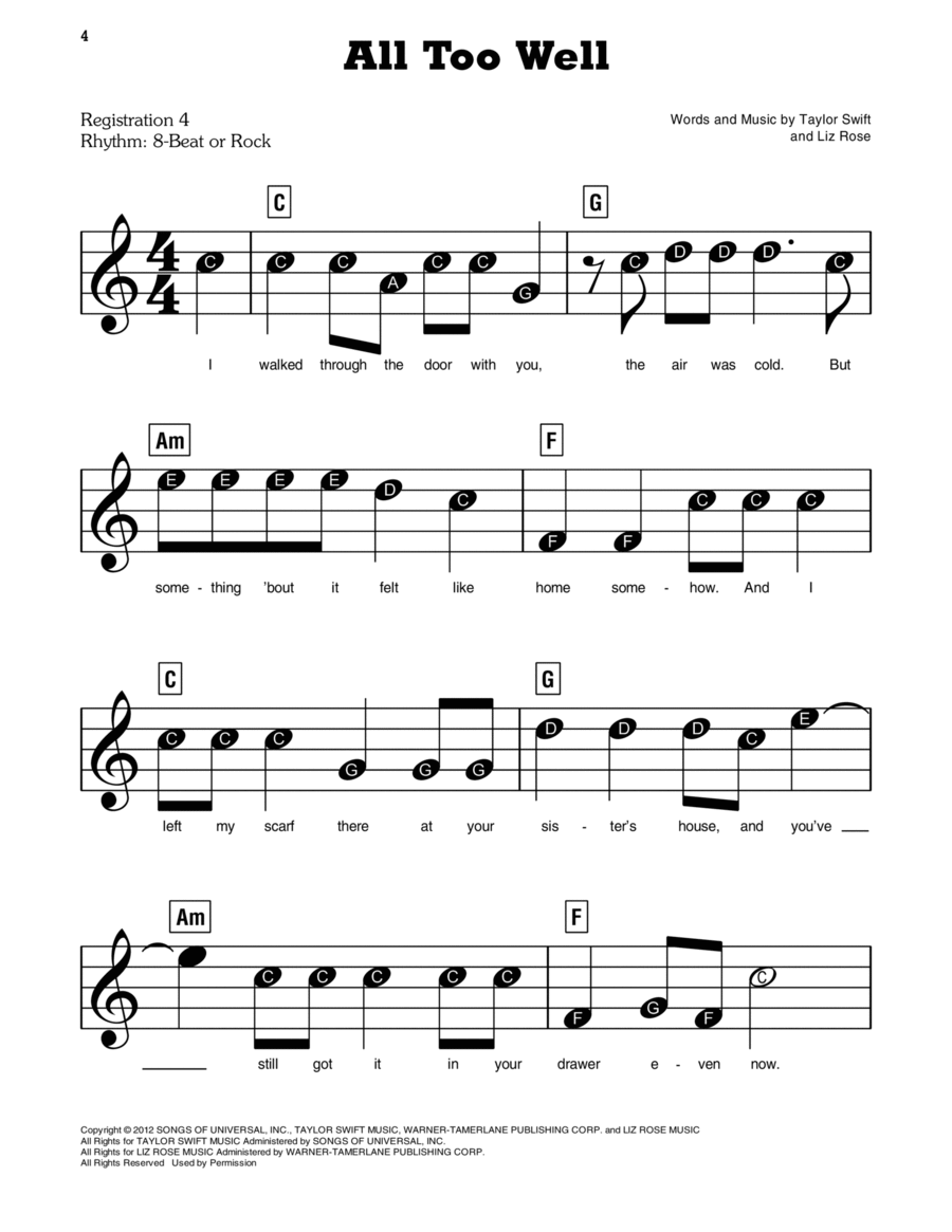 All Too Well Easy Piano scores gallery preview page 1
