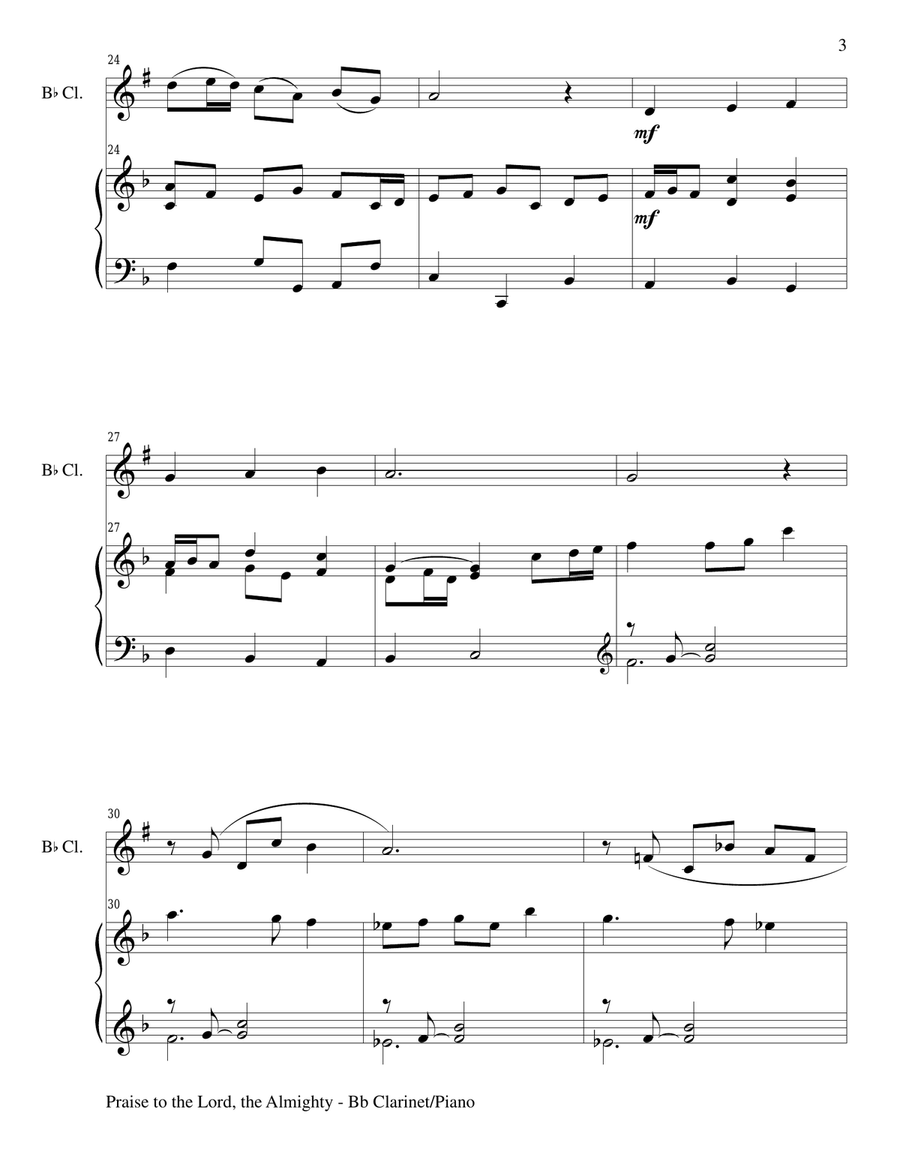 PRAISE TO THE LORD, THE ALMIGHTY (Duet – Bb Clarinet and Piano/Score and Parts) Woodwind Duet scores gallery preview page 3