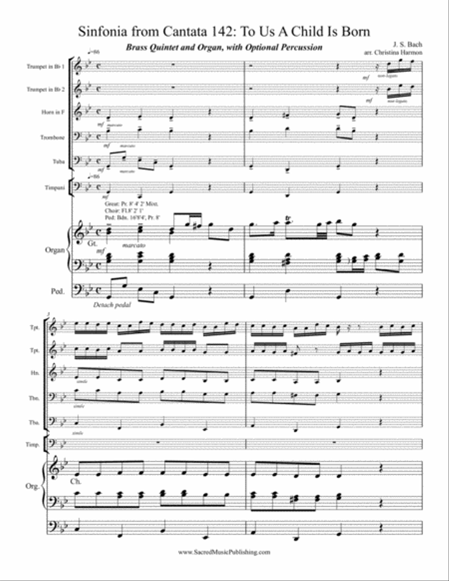 Sinfonia from Cantata 142 (To Us A Child Is Born) - Brass Quintet and Organ with Optional Timpani Small Ensemble scores gallery preview page 2