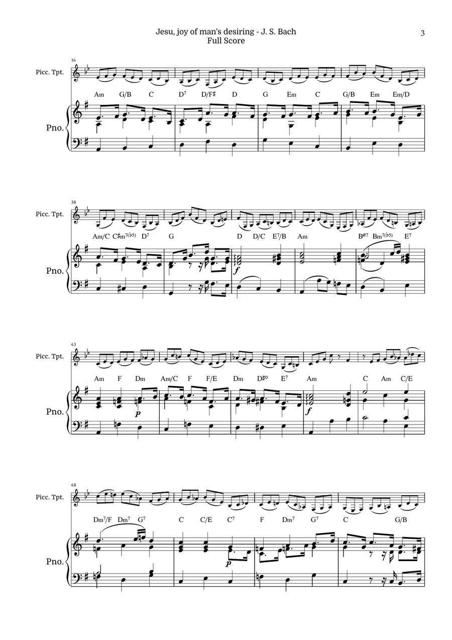 Jesu, Joy of Man’s Desiring for Piccolo Trumpet in A with Piano by Bach BWV 147 Chamber Music scores gallery preview page 3