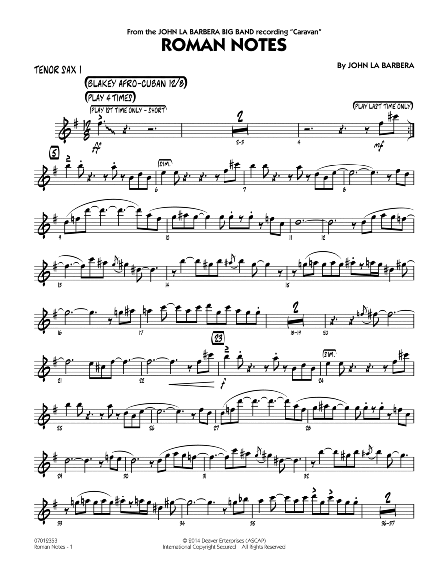 Roman Notes - Tenor Sax 1 Tenor Saxophone scores gallery preview page 1