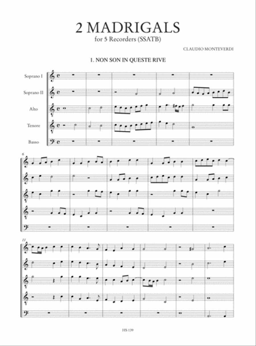 2 Madrigals (Non son in queste rive, La bocca onde l’asprissime parole) for 5 Recorders (SSATB) SSATB scores gallery preview page 2