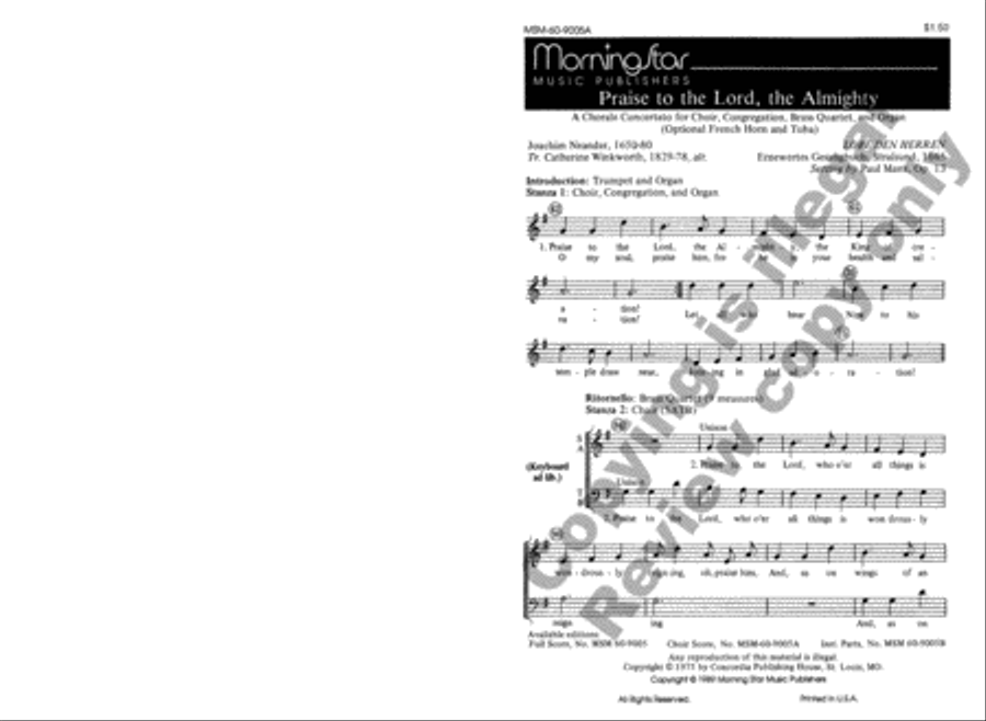 Praise to the Lord, the Almighty (Choral Score)