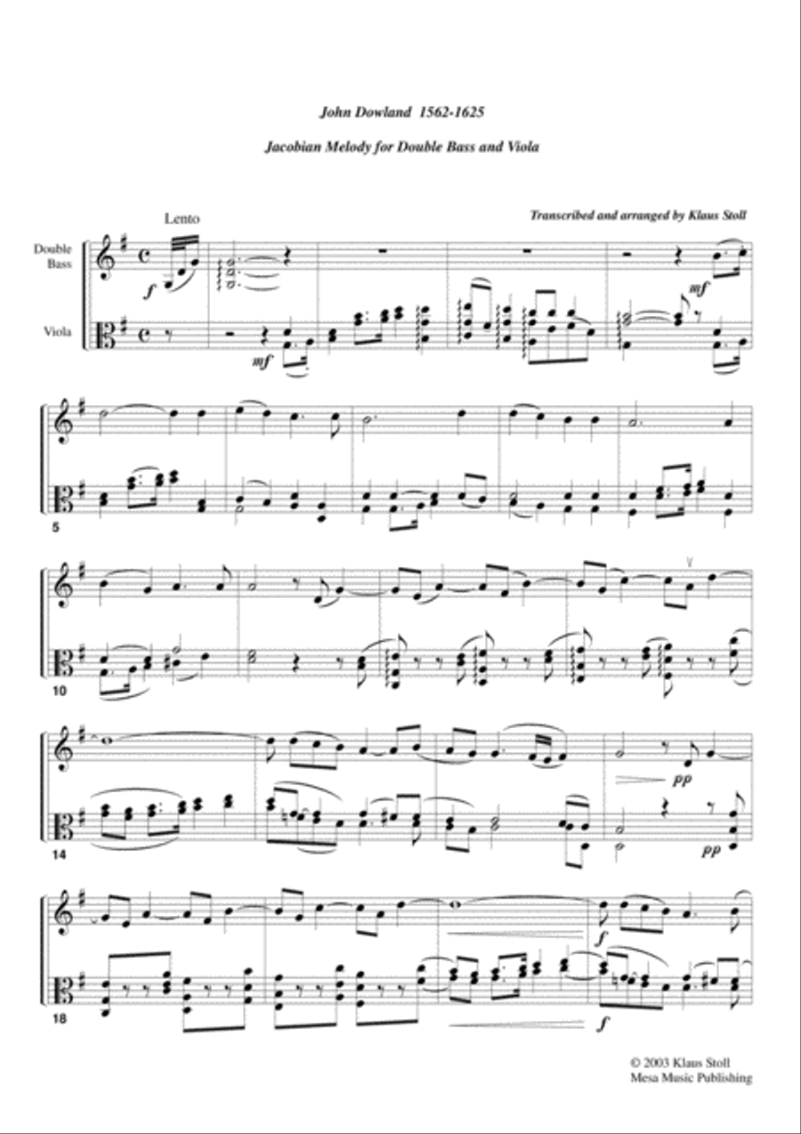 John Dowland (1562-1605) Jacobean Melody, for double bass and viola, transcribed and edited by Klau String Duet scores gallery preview page 2