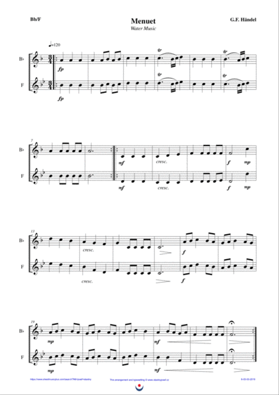 Menuet - Water Music (easy brass duet Nb. 6 - Bb/F) Brass Duet scores gallery preview page 1