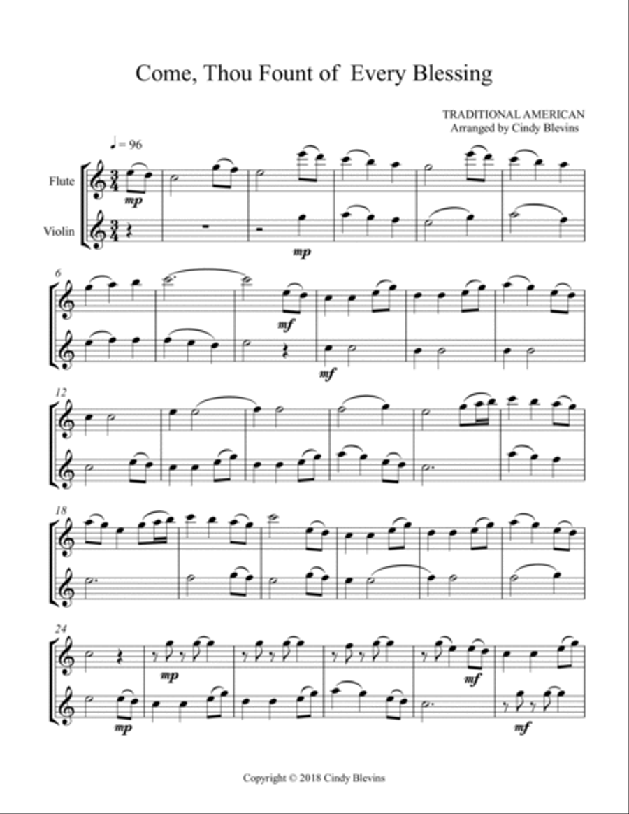 Come, Thou Fount of Every Blessing, for Flute and Violin Flute scores gallery preview page 2