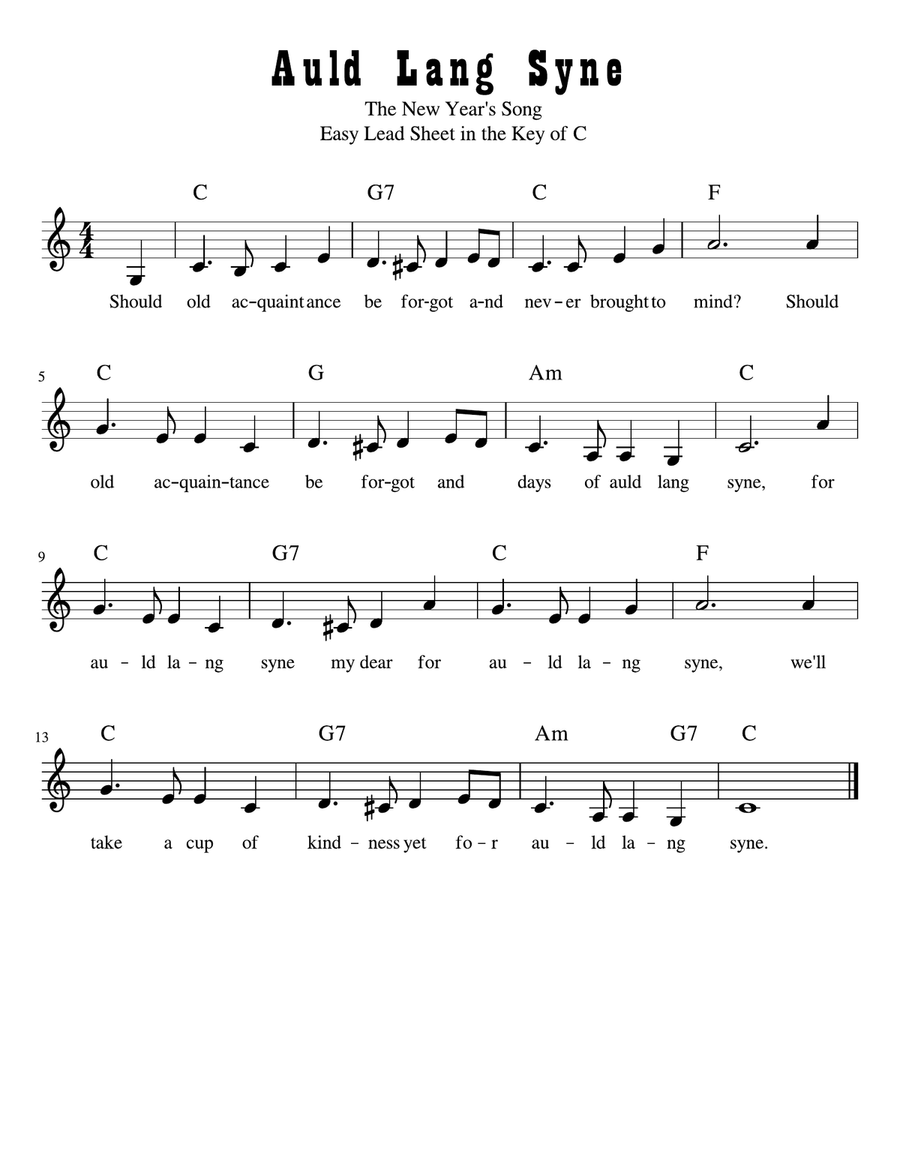 Auld Lang Syne Easy Lead Sheet in C Major Small Ensemble scores gallery preview page 1
