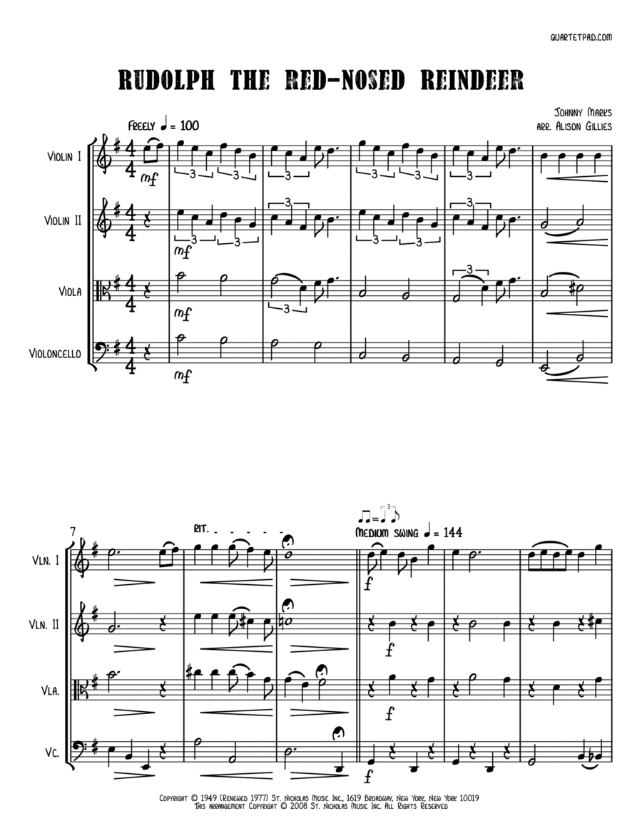 Rudolph The Red-nosed Reindeer String Quartet scores gallery preview page 1