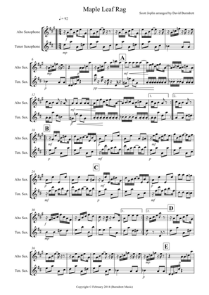 Maple Leaf Rag for Alto Saxophone and Tenor Saxophone Duet