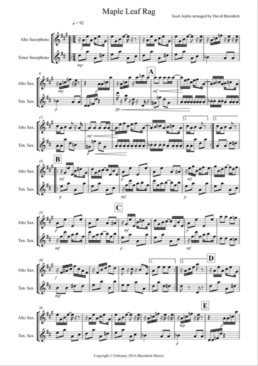 Maple Leaf Rag for Alto Saxophone and Tenor Saxophone Duet Maple Leaf Rag for Alto Saxophone and Tenor Saxophone Duet Woodwind Trio scores gallery preview page 1