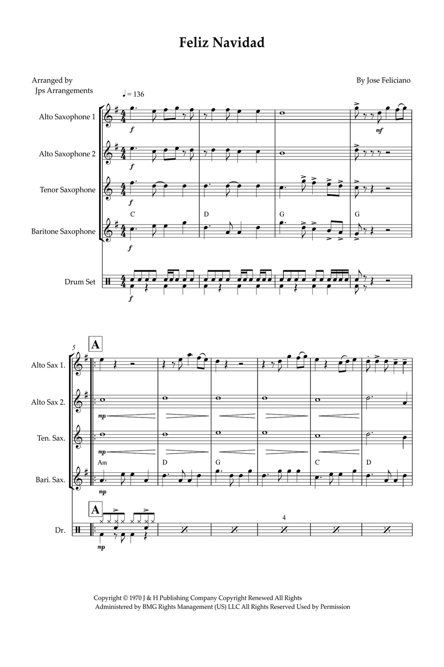 Feliz Navidad Saxophone Quartet scores gallery preview page 1