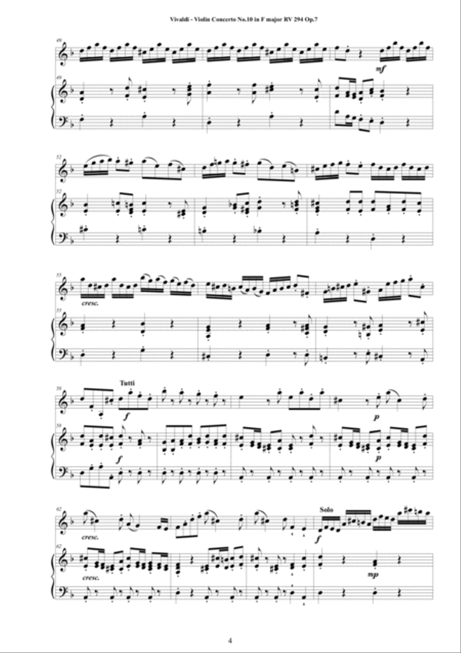 Vivaldi - Violin Concerto No.10 in F major 'Il Ritiro' RV 294 Op.7 for Violin and Cembalo (or Piano) String Duet scores gallery preview page 4
