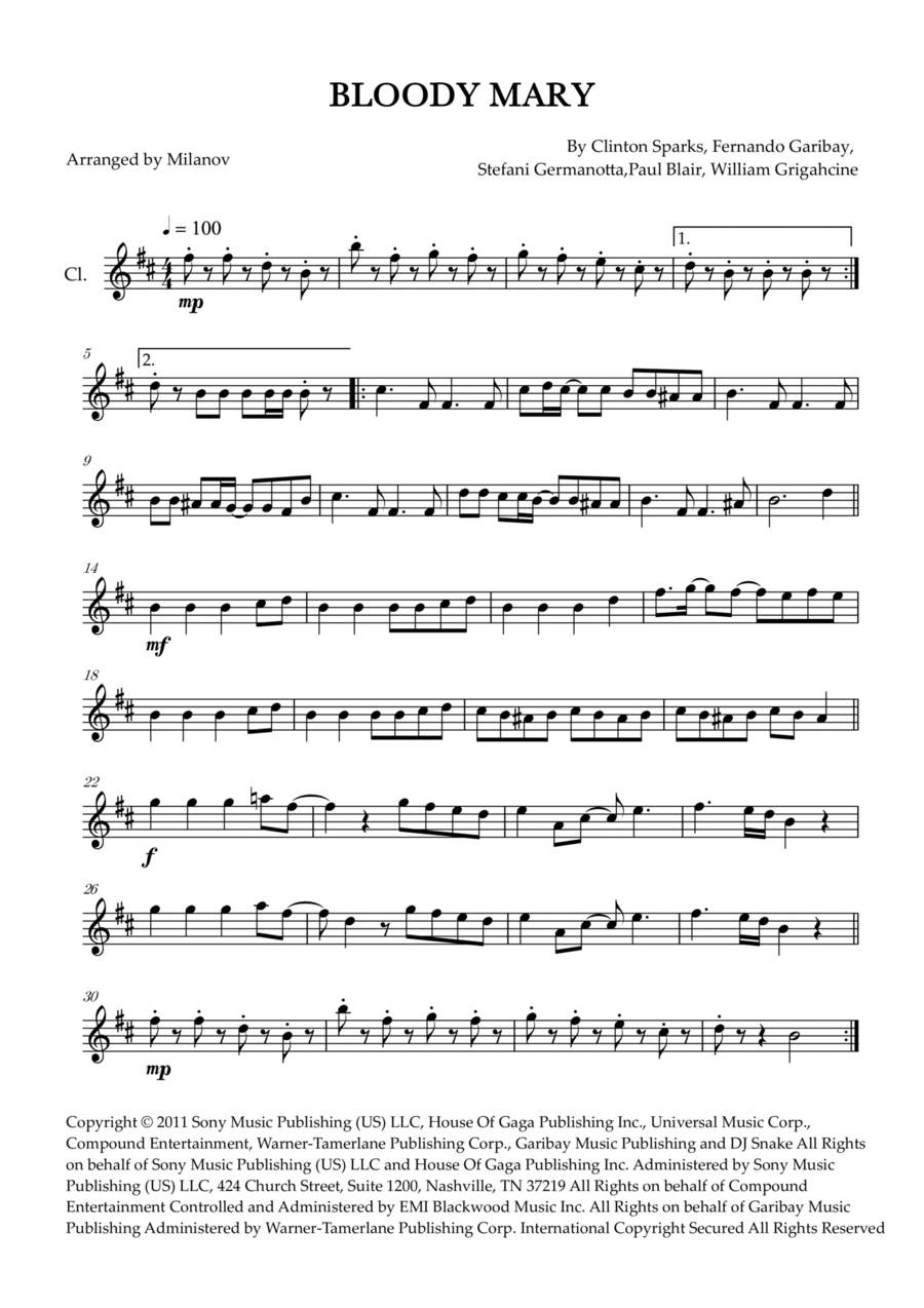 Bloody Mary B-Flat Clarinet scores gallery preview page 1