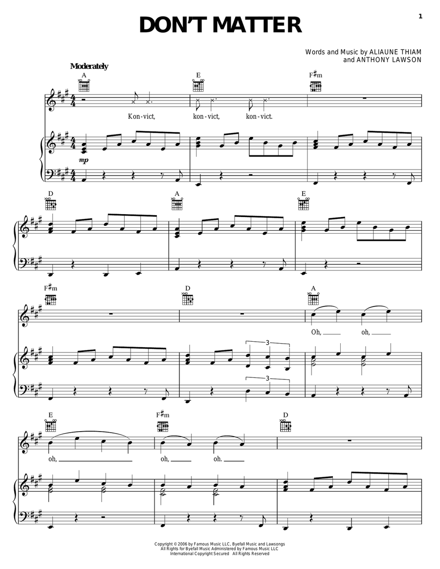 Don't Matter Piano, Vocal, Guitar scores gallery preview page 1