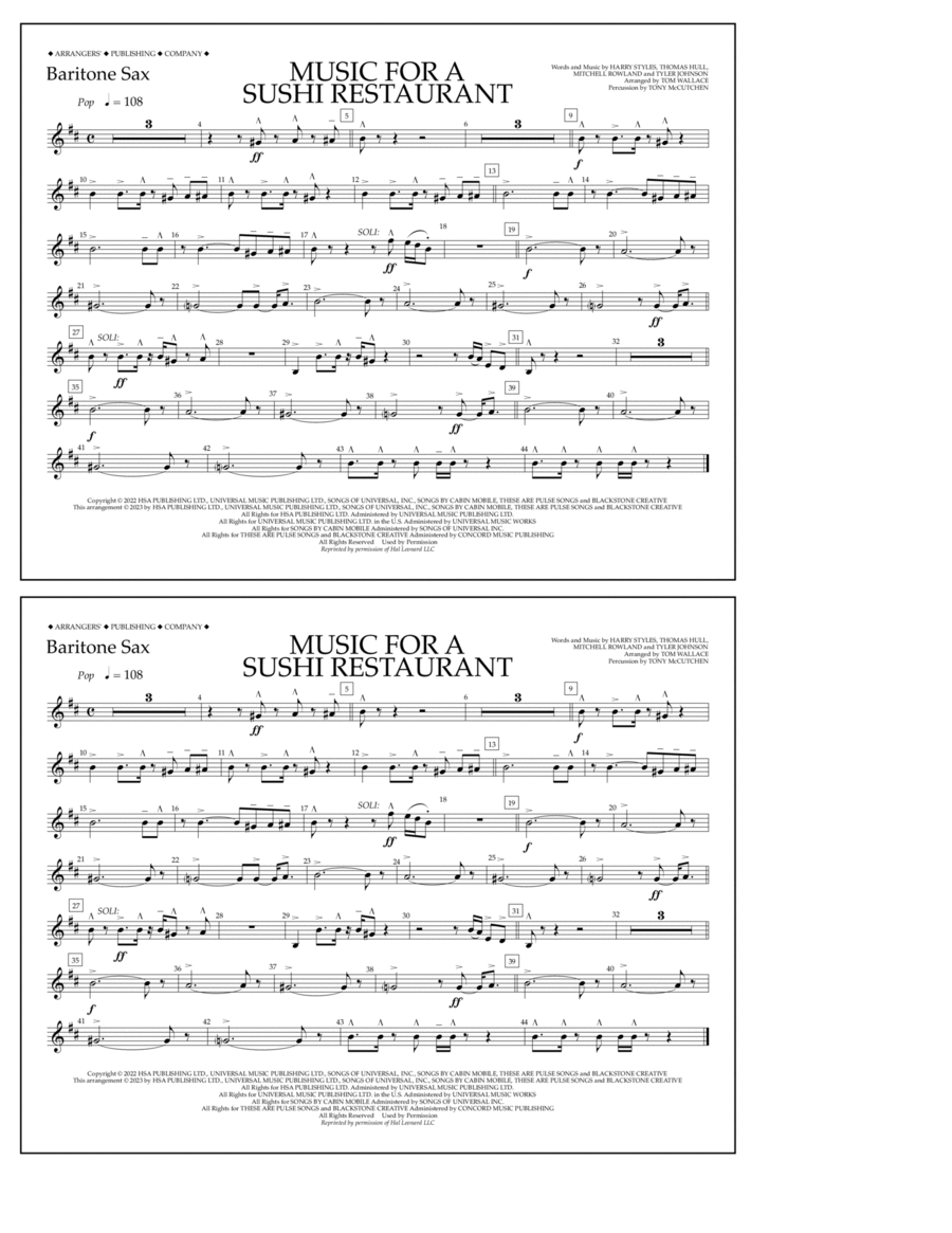 Music For A Sushi Restaurant (arr. Tom Wallace) - Baritone Sax Marching Band scores gallery preview page 1