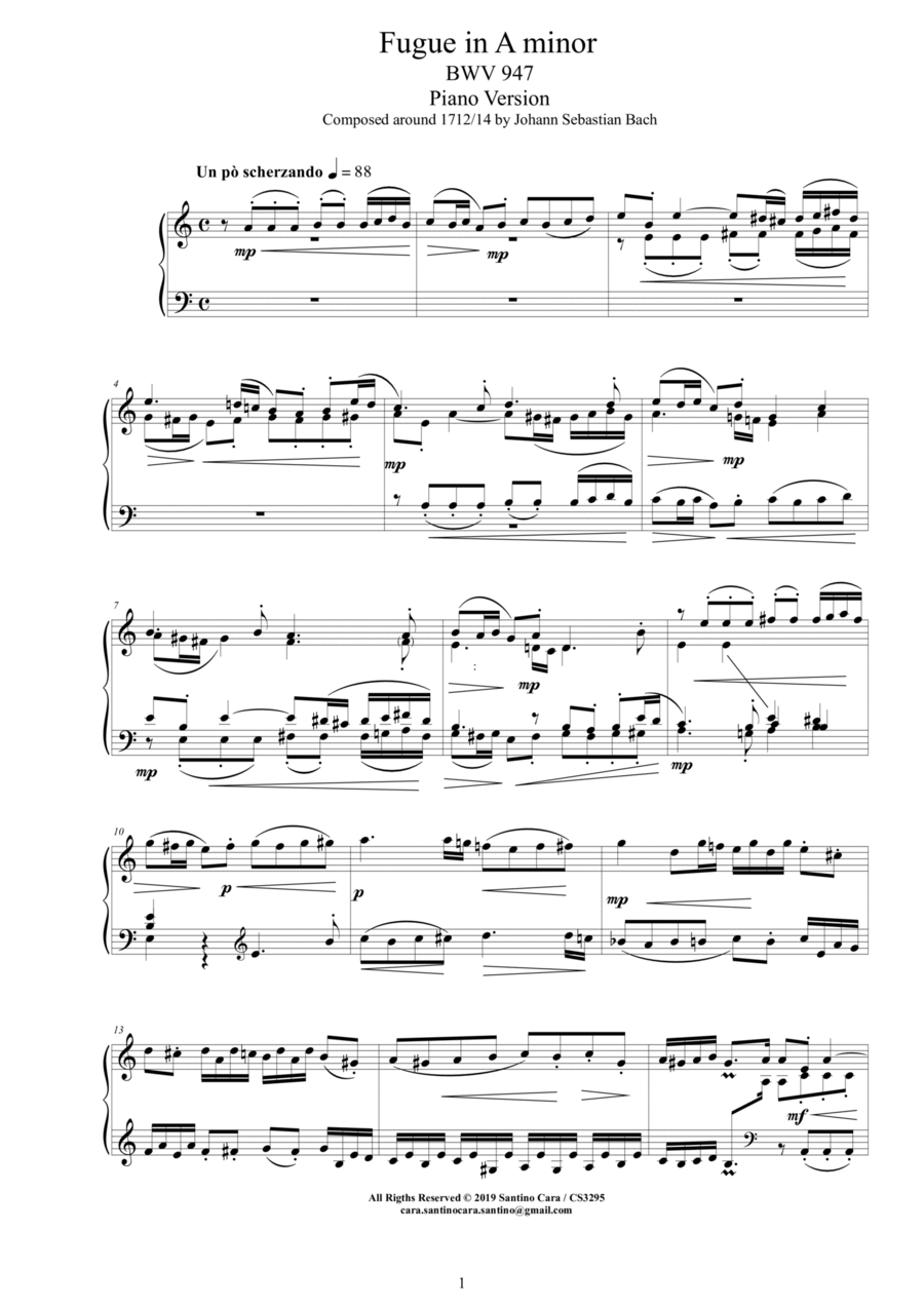 Bach - Fugue in A minor BWV 947 - Piano version Piano Solo scores gallery preview page 1