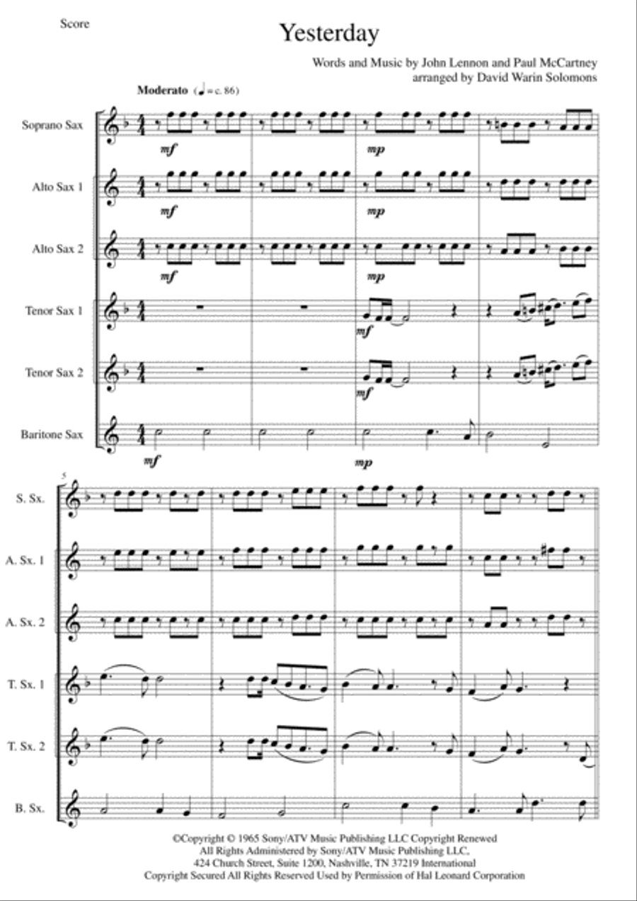 Yesterday Tenor Saxophone scores gallery preview page 1