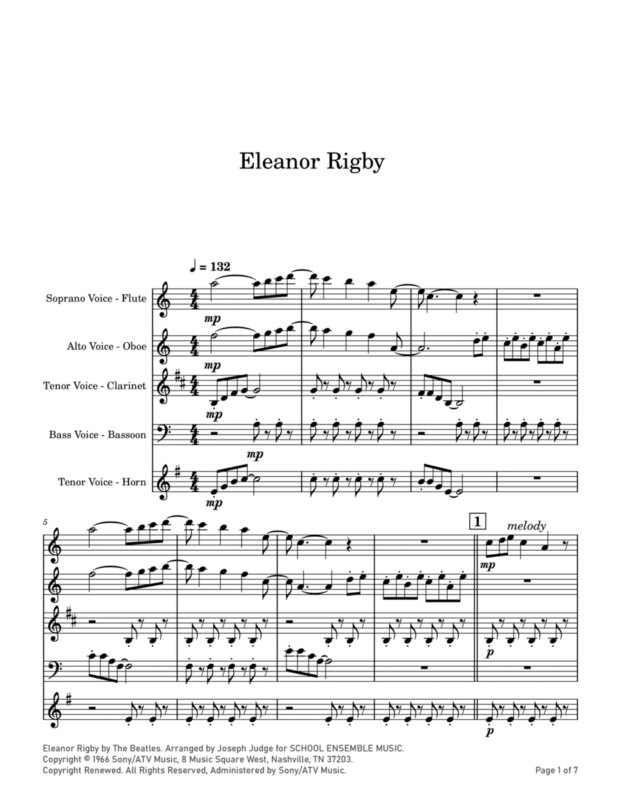 Eleanor Rigby Woodwind Quartet scores gallery preview page 1