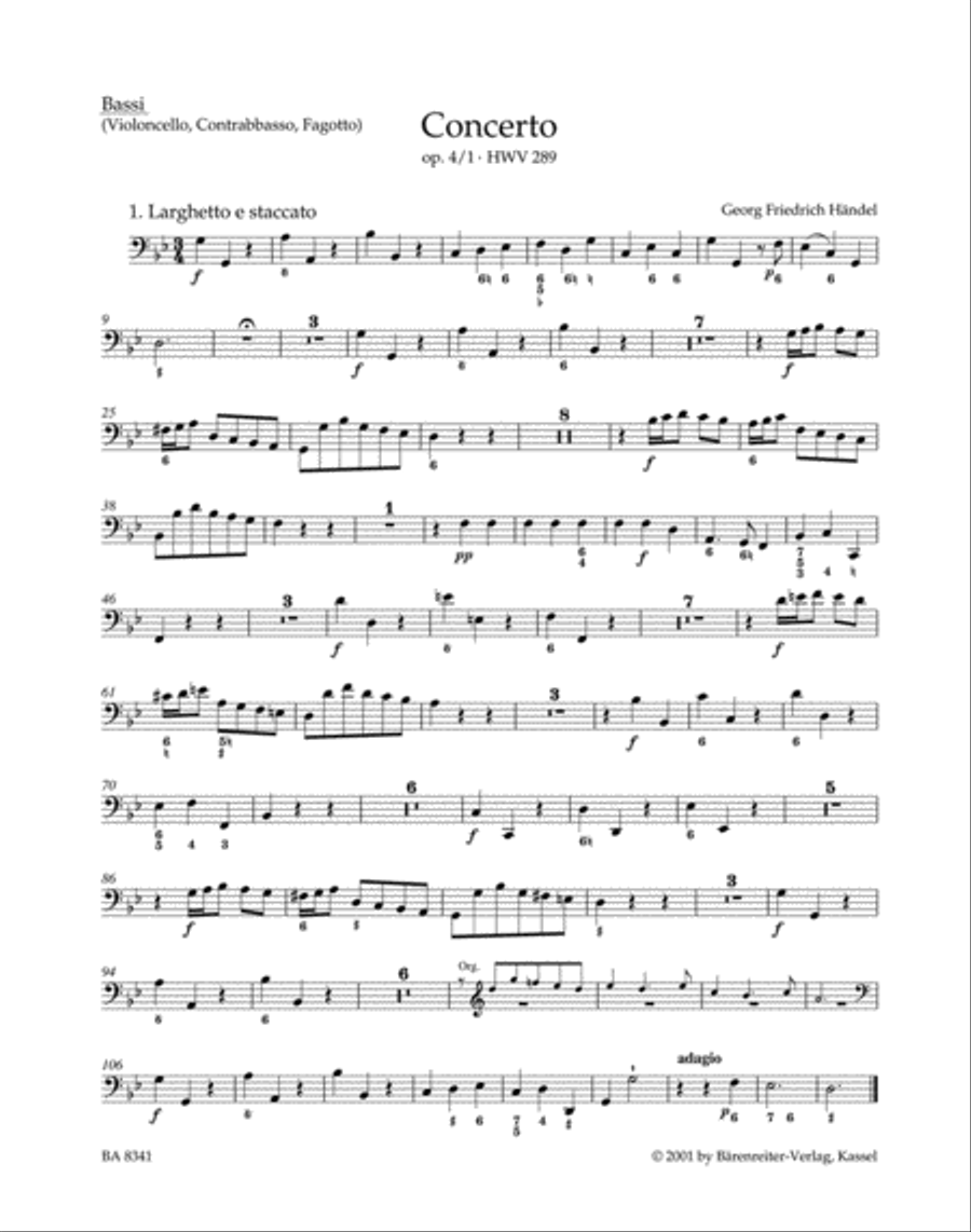 Concerto for Organ and Orchestra g minor, Op. 4/1 HWV 289 Double Bass scores gallery preview page 1