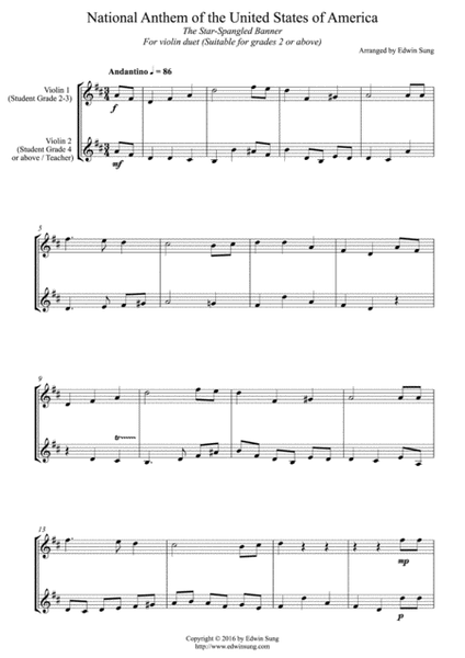 National Anthem of the United States of America (for violin duet, suitable for grades 2-5) image number null