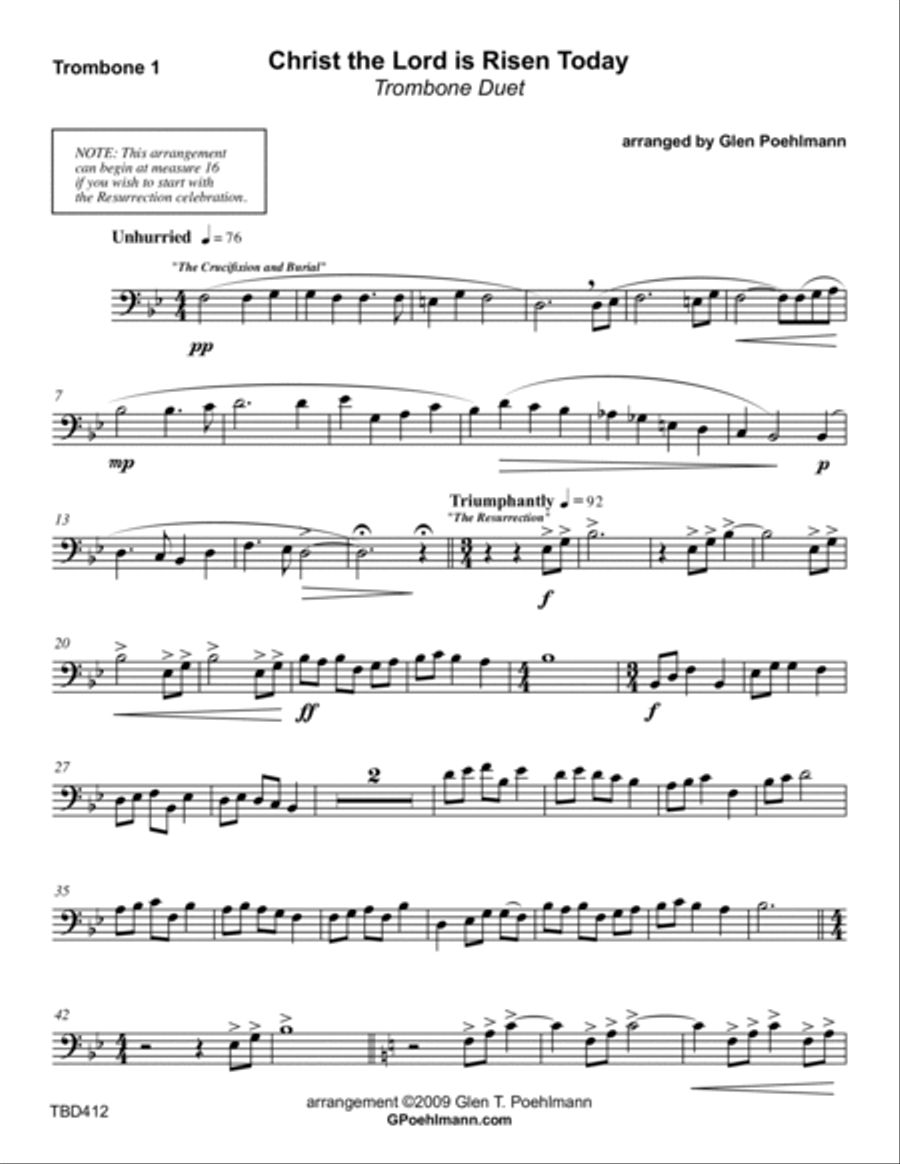 CHRIST THE LORD IS RISEN TODAY -TROMBONE DUET (unaccompanied) Brass Duet scores gallery preview page 4