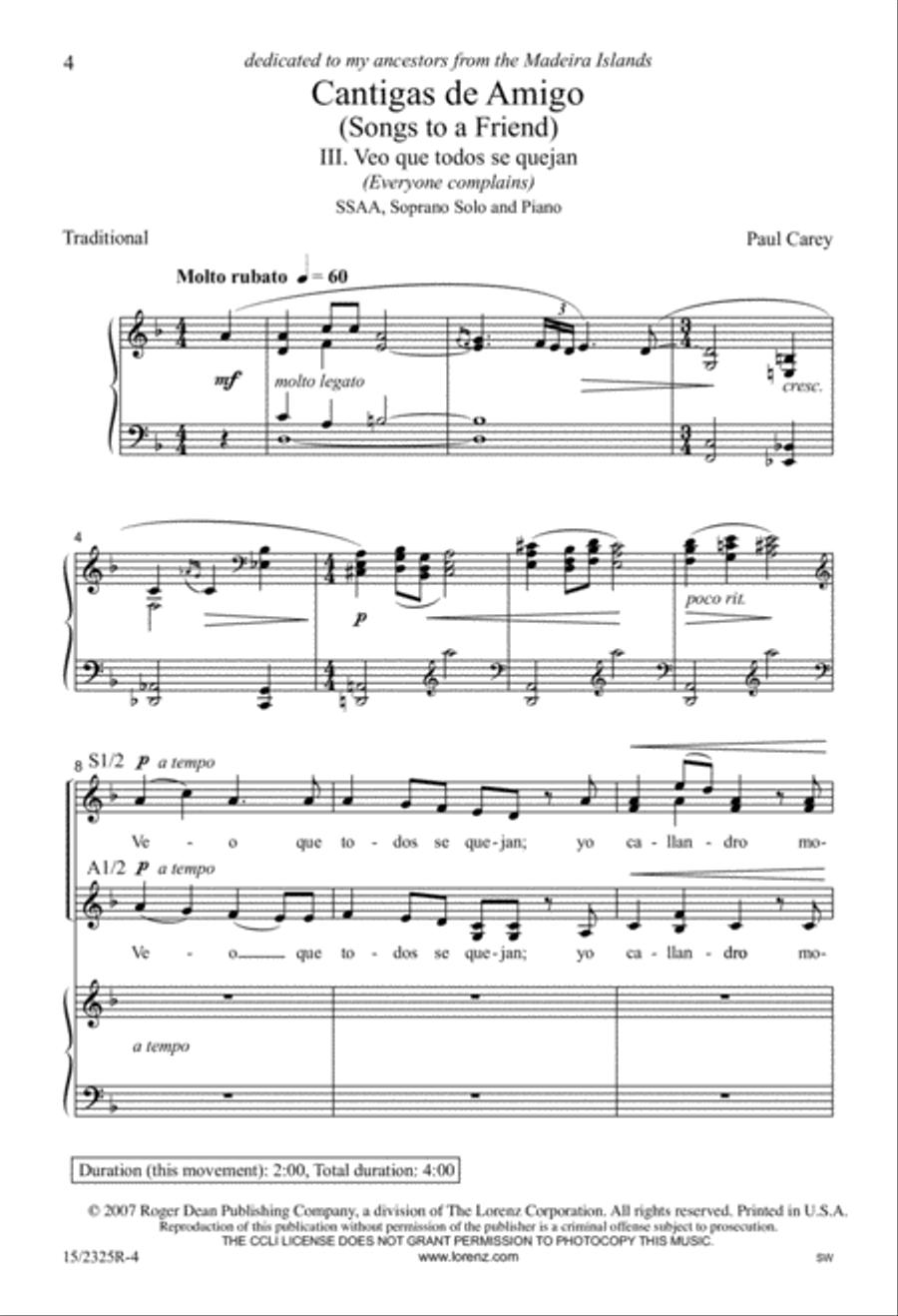 Veo que todos/Agora que sé d'amor (Everyone complains/Now I've discovered love) SSAA scores gallery preview page 4