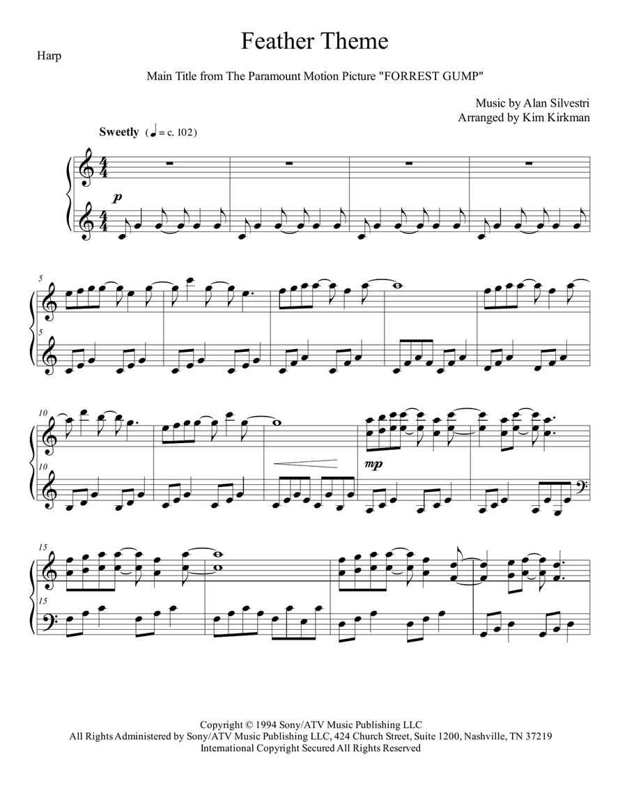 Forrest Gump - Main Title (feather Theme) Harp scores gallery preview page 1