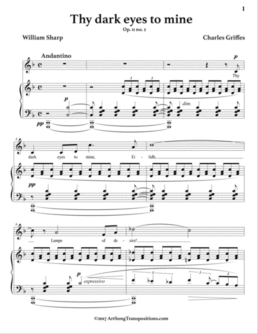 GRIFFES: Thy dark eyes to mine, Op. 11 no. 2 (transposed to F major) Voice scores gallery preview page 2