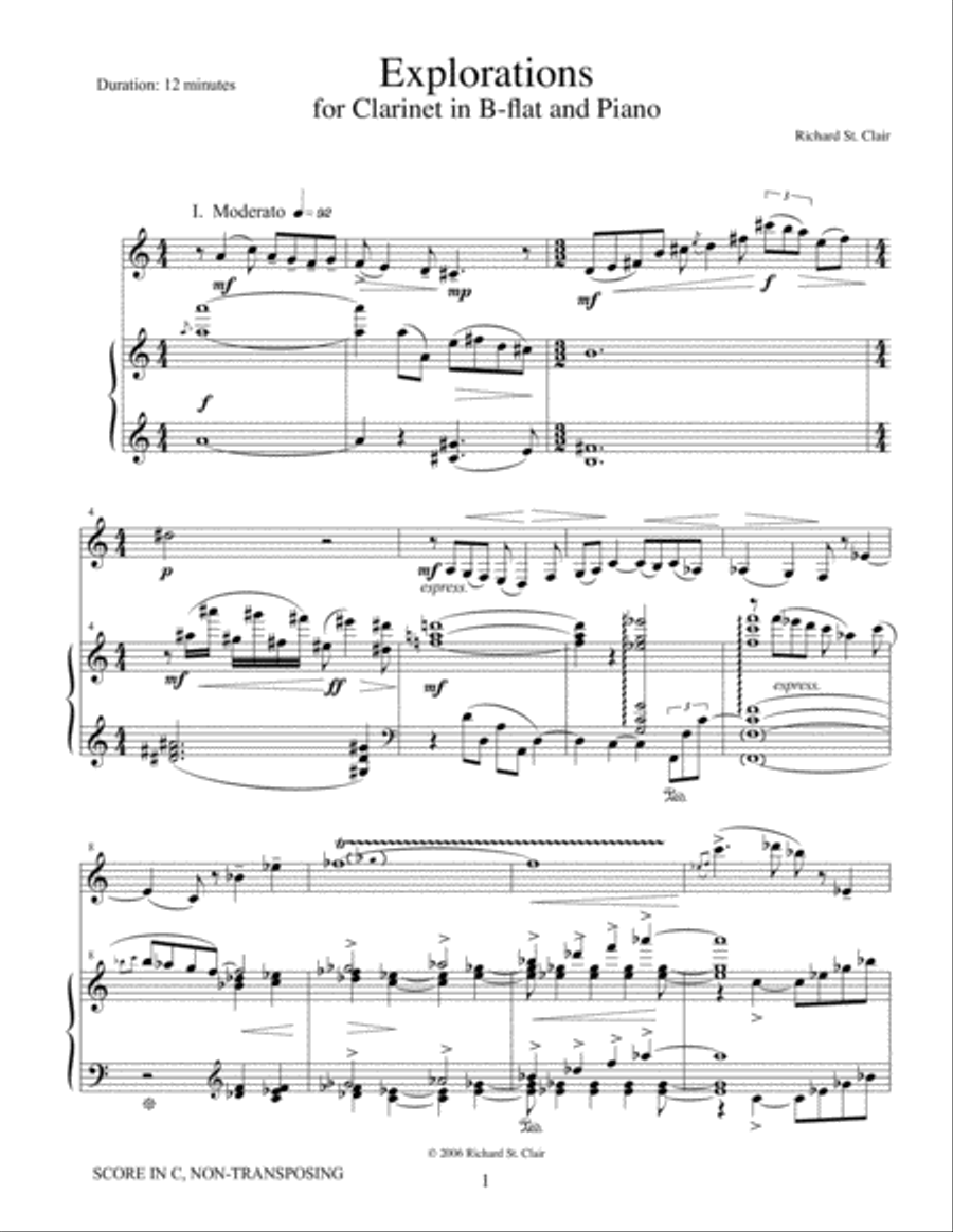 Explorations for Clarinet and Piano [Score and Part] Clarinet Solo scores gallery preview page 1