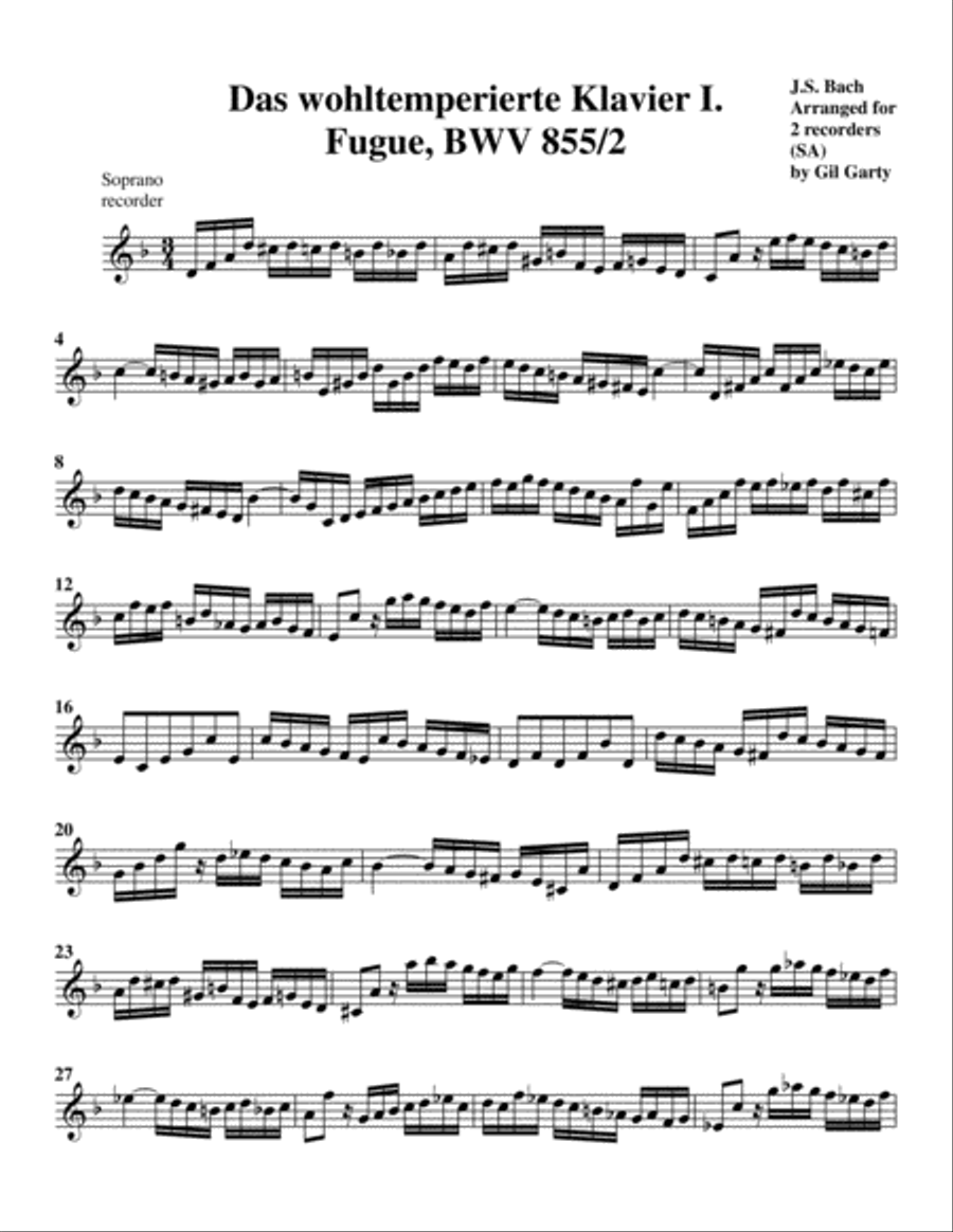 Fugue from Das wohltemperierte Klavier I, BWV 855/II (arrangement for 2 recorders) Woodwind Duet scores gallery preview page 3