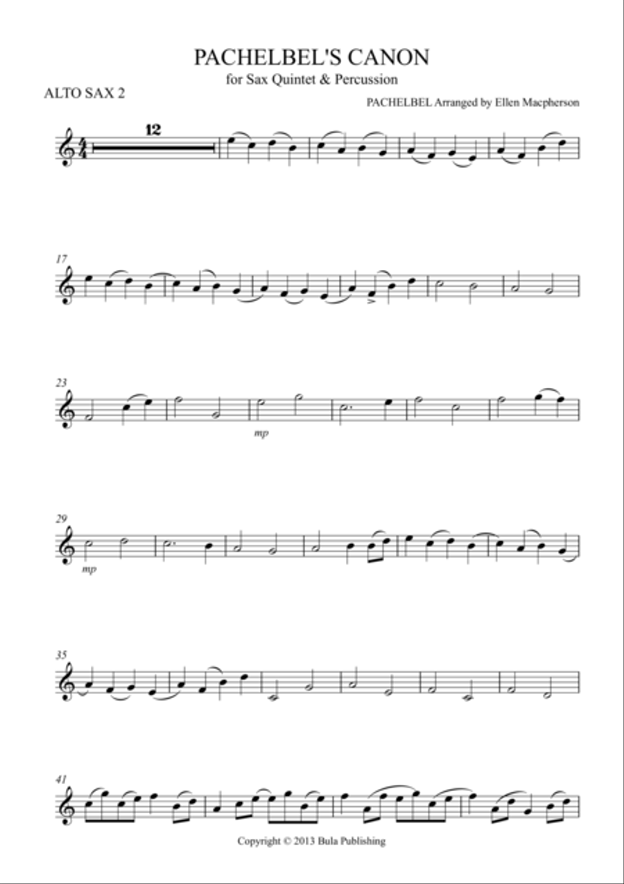 Pachelbel's Cannon - for Sax Quintet & Percussion - ALTO SAX 2 Saxophone Quintet scores gallery preview page 1