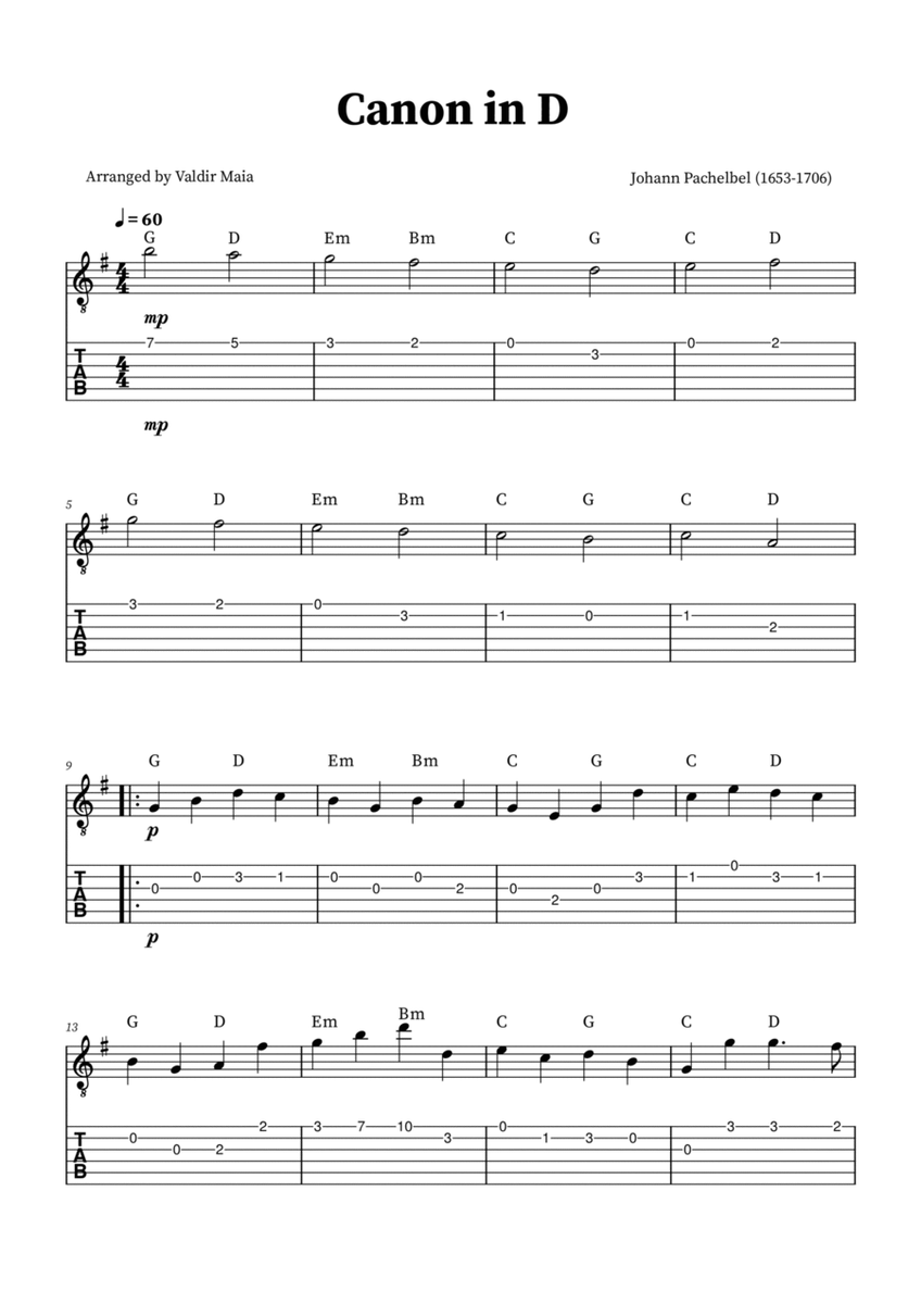 Canon in D - Acoustic Guitar Solo + TABLATURE (+CHORDS) image number null