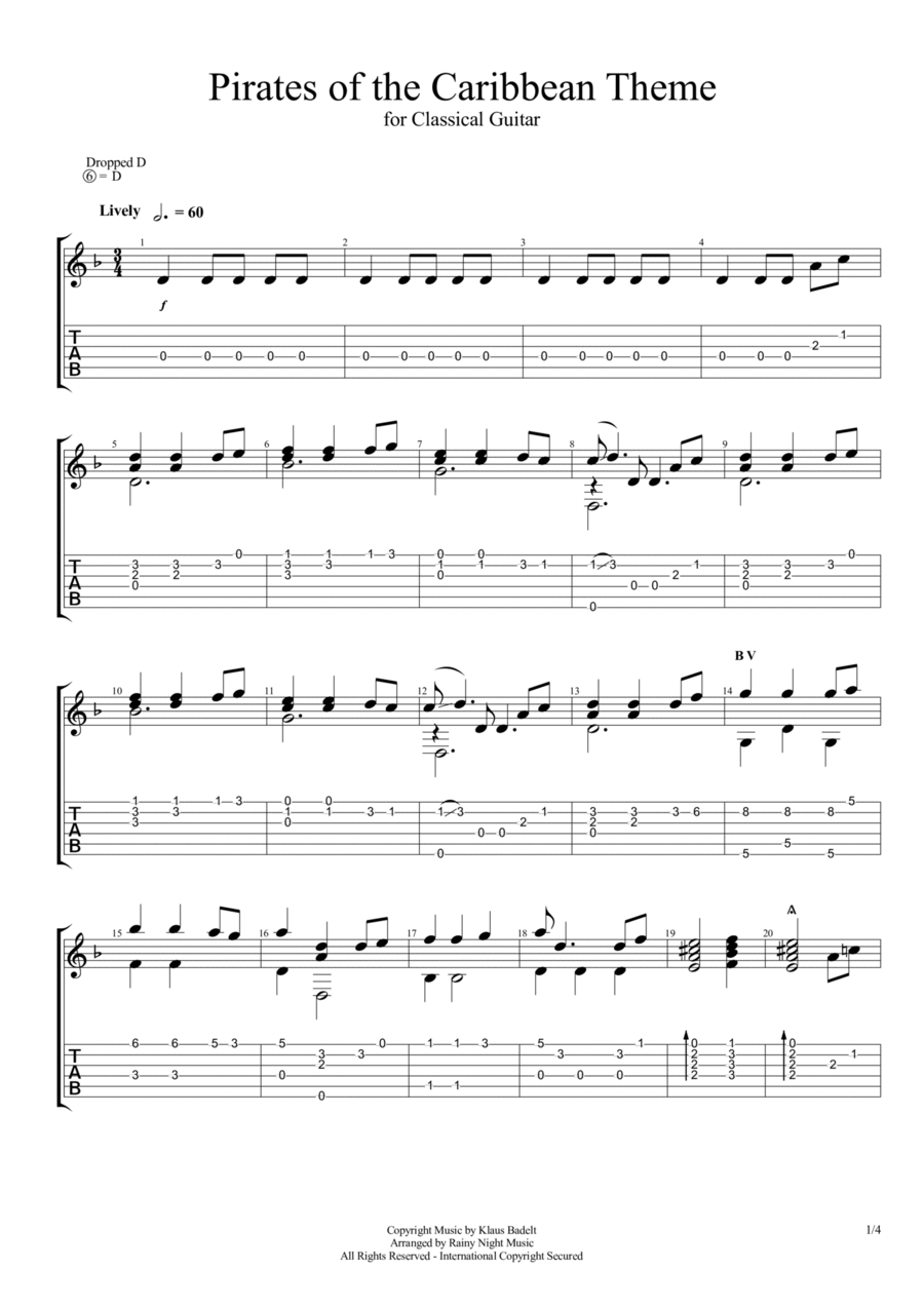Pirates Of The Caribbean Guitar Tablature scores gallery preview page 1