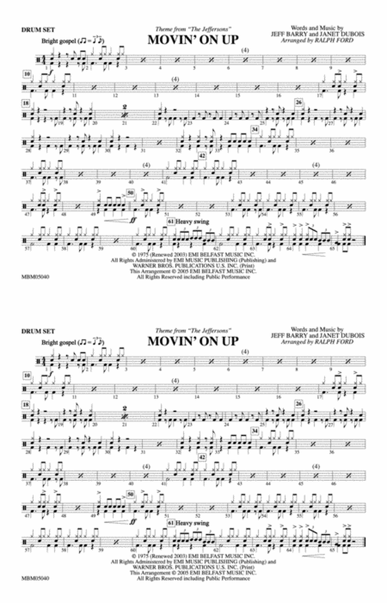 Movin' on Up (Theme from "The Jeffersons"): Drumset