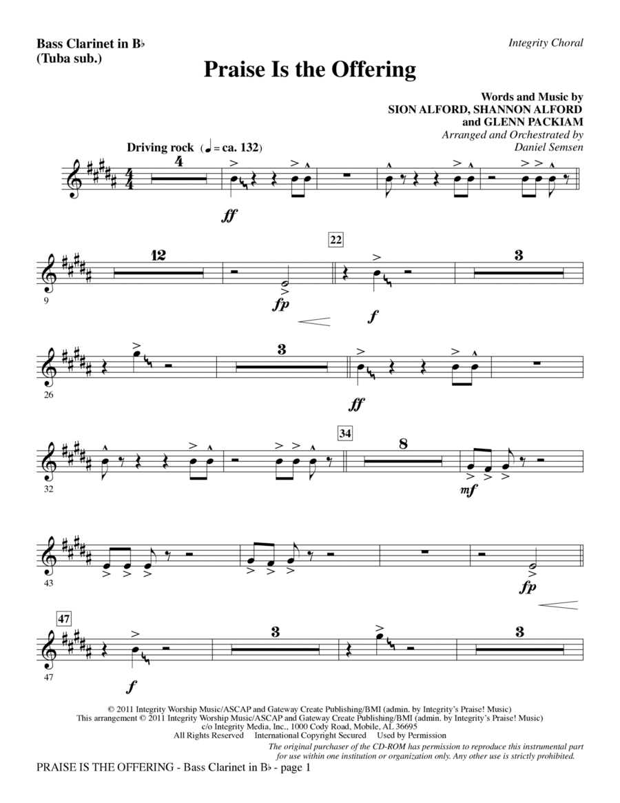 Praise Is The Offering - Bass Clarinet (sub. Tuba) Choir scores gallery preview page 1