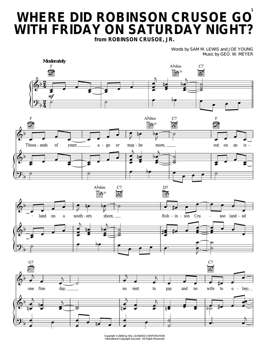 Where Did Robinson Crusoe Go With Friday On Saturday Night? Piano, Vocal, Guitar scores gallery preview page 1