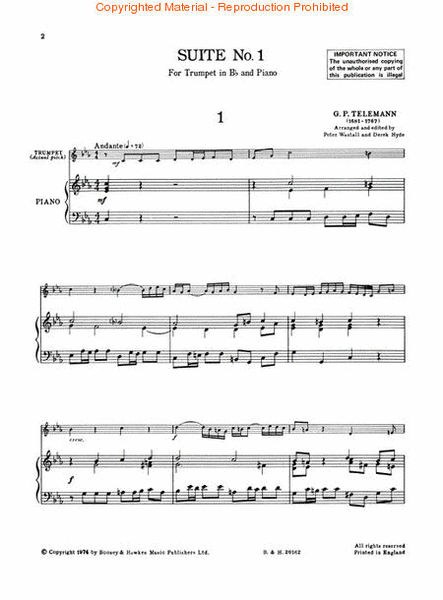 Suite No. 1 by Georg Philipp Telemann Trumpet Solo - Sheet Music